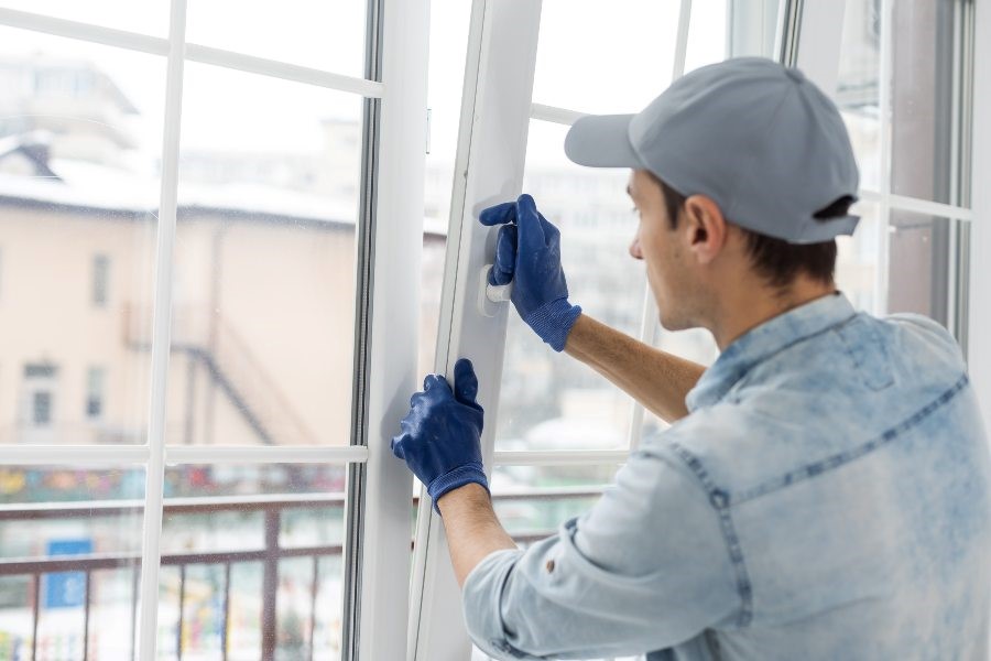 worker fixing vinyl window