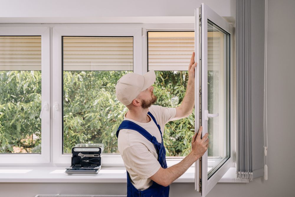 Professional inspecting and adjusting a replacement window during installation inside a home